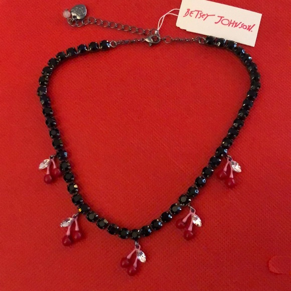 Betsey Johnson Hematite Tone Black Crystal Tennis Necklace Cherry Charms NWT - Picture 11 of 12